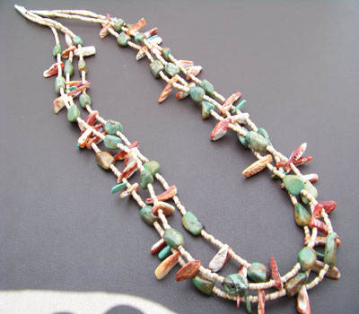 Native American Necklace Melon Shell, Spiny, Turquoise 3-Strand