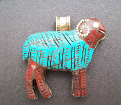 Pendant Turquoise  & Coral Tibetan Ram