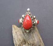Tibetan Red Coral Ring - Teardrop - sz 9