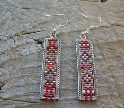 Pink and Green Plaid Long Fringe Seed Bead Earrings - Iris Elm Jewelry